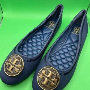 Navy Leather Ballet Flats with Gold Logo Medallion Shoes